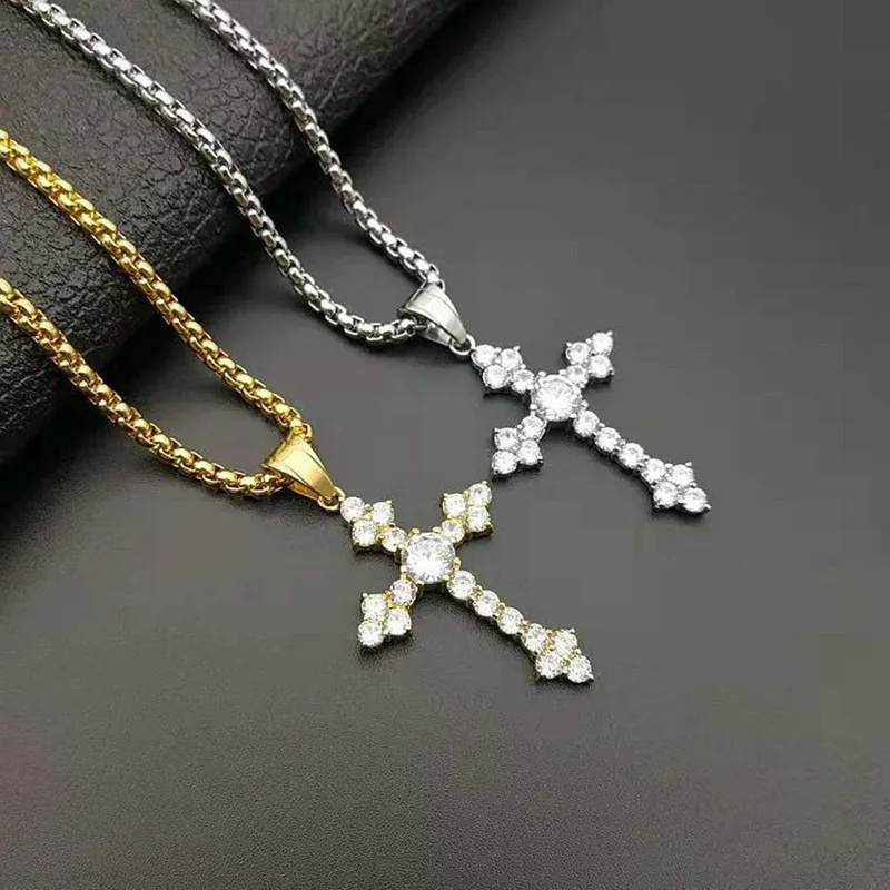 Full 5A Zircon Diamonds Cross Pendant Necklaces Men 18k Gold Plated Stainless Steel 60cm Chain Trendy Cool Accessory Titanium