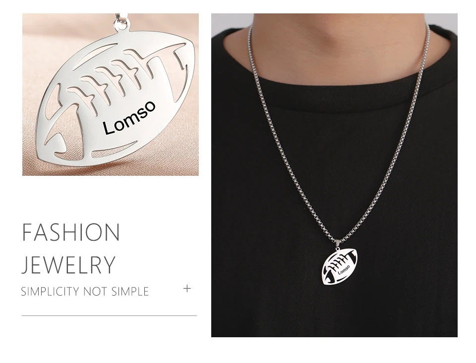 Lemegeton Benutzer definierte Name Rugby Halskette Edelstahl Schmuck Männer Frauen American Football Anhänger Neujahr Valentinstag Geschenke – Detail 6