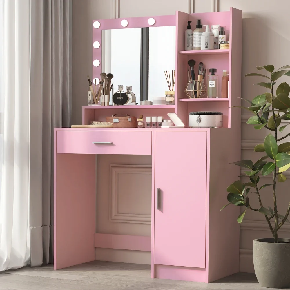 

Vanity Desk with Mirror & Light, Drawer Three Level Storage Dresser, 3 Lighting Modes Adjustable Brightness, Dressing Table