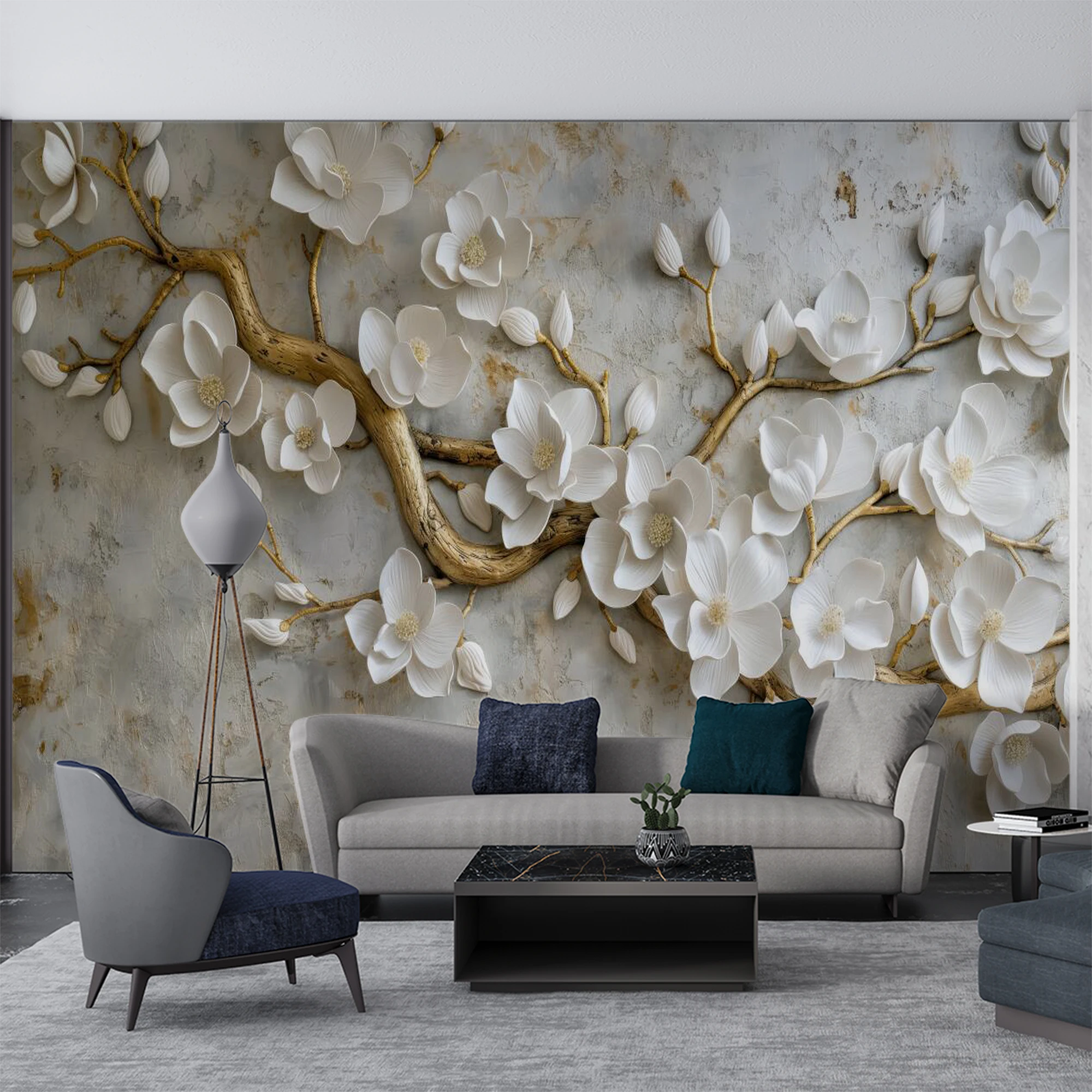 Custom 3D White Magnolia Flower Mural Wallpaper Golden Branch Texture Wall Paper for Living Room Bedroom Background Home Decor