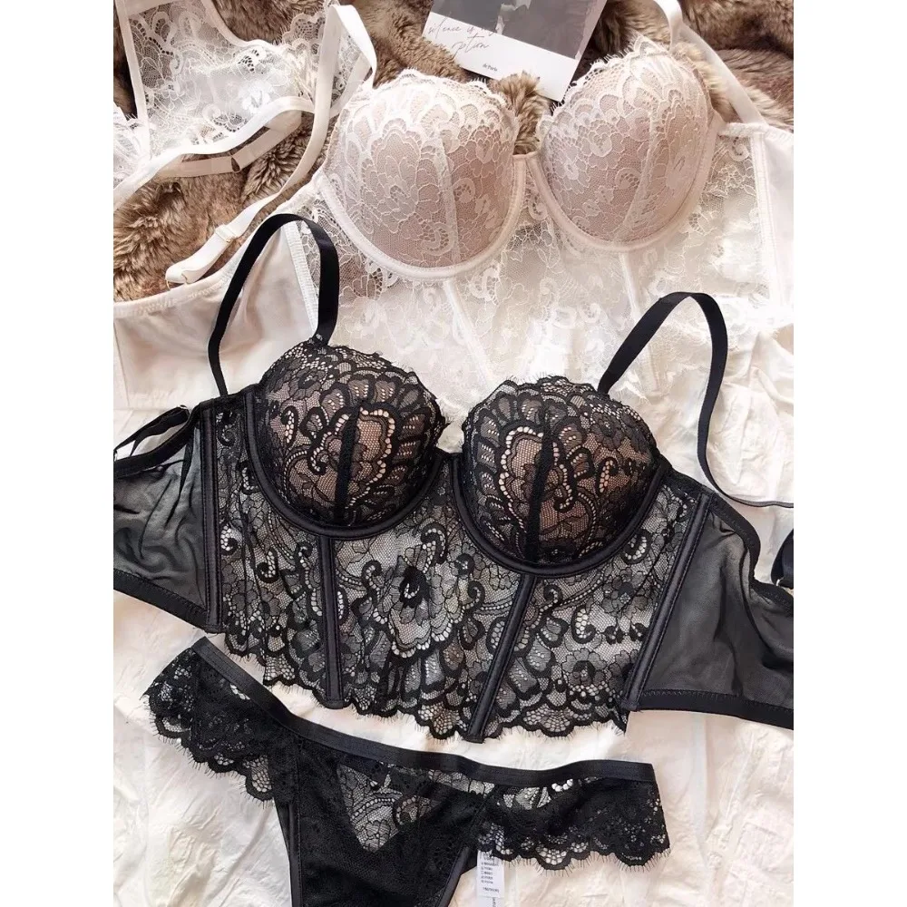 Sexy French Lace Fishbone Bra Soft Underwire 3/4 Cup Push Up Anti‑Sagging Breast Lingerie Side Fat Reduction Women Underwear