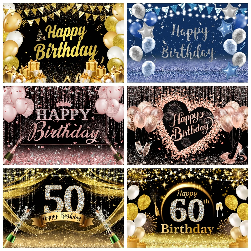 

Happy Birthday Backdrop for Photography Glitter Gold Black Balloon 18 30 40 50th Adult Birthday Party Photocall Background Decor