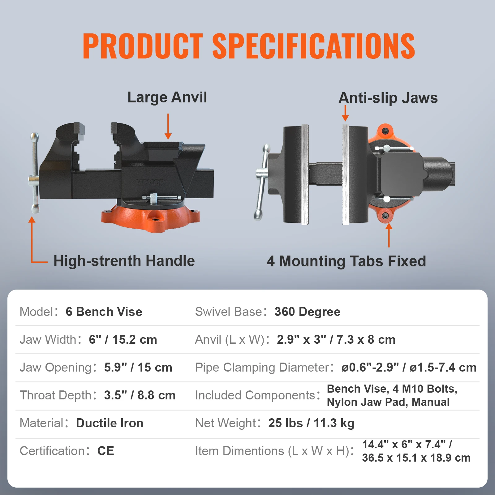 SucceBuy bankschroef 4,5" 6" 6,5" multifunctioneel, draaibare basis en aambeeld zwaar gietijzer voor boren, leiding snijden, schuren