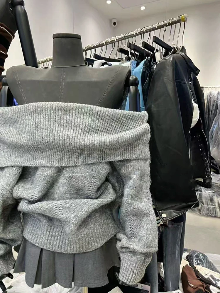 Sweter z dekoltem typu slash, dzianinowy, koreański, luźny, w stylu lazy, z odkrytymi ramionami, dzianina Y2K, jednolity kolor, uniwersalny, z długim rękawem, damski sweter