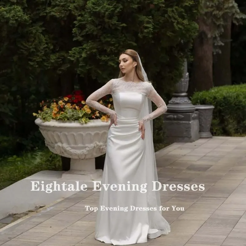 فساتين زفاف عربية Eightale رقبة دائرية دانتيل مخصصة من الساتان بأكمام طويلة عاجية حورية البحر زي العرائس Vestidos De Novia