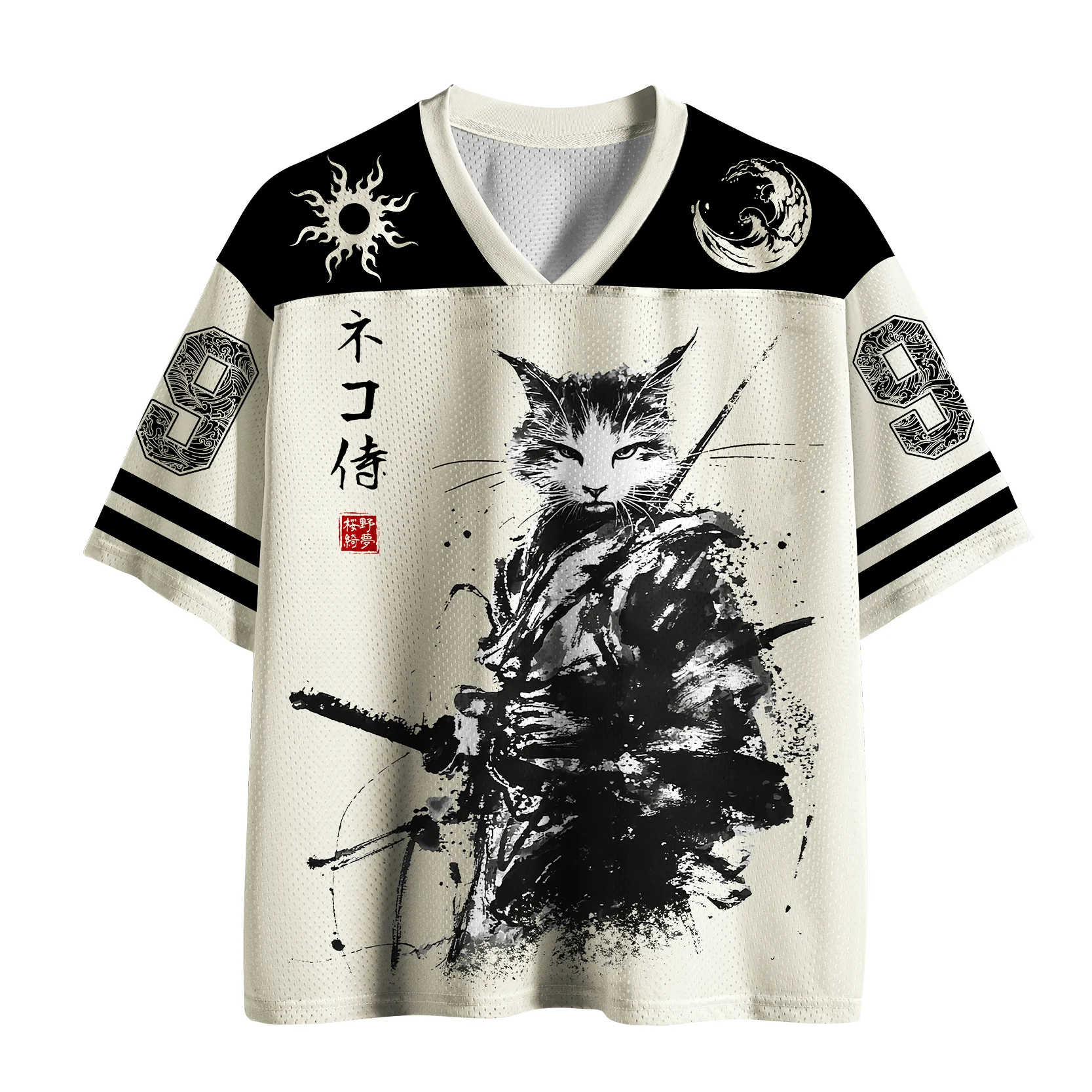 Japanisches Samurai-Katzen-Muster-Trikot mit Tintendruck-Mesh-Sport-T-Shirt, Streetwear für Erwachsene und Kinder