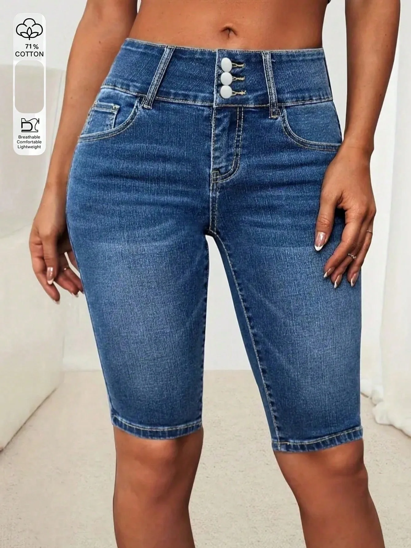 

Women's Jeans with Button Closure, Pockets, Slim Fit, Casual, Versatile Mid-Length Pants