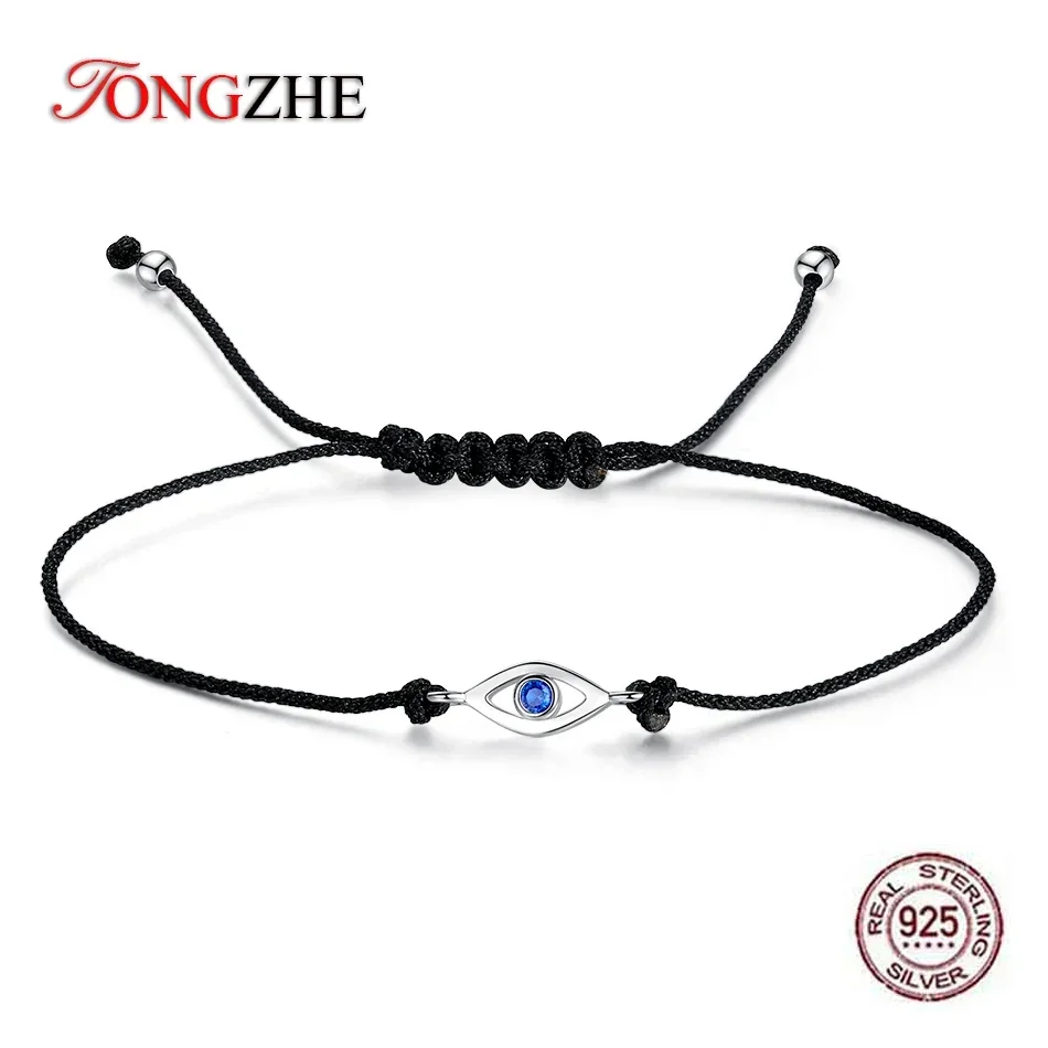 TONGZHE 925 Sterling Silver Bracelets for Women Blue CZ Evil Eye Bracelet Turkey Jewelry Black Adjustable Rope Chain Gift Girl