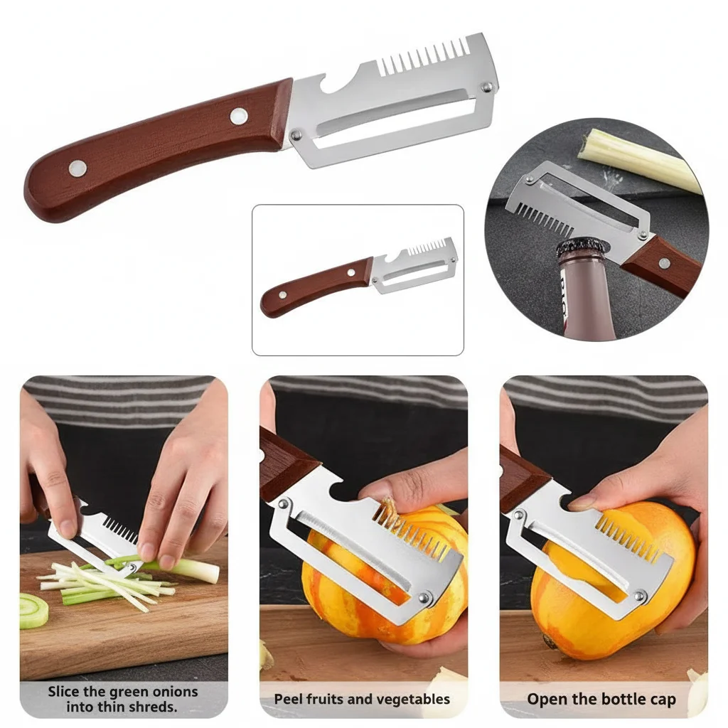 Faca Descascadora Serrilhada 2 em 1, Raspador de Aço Antiderrapante, Ferramenta para Fatiar Cebolinha, Utensílio de Cozinha para Fatiar Frutas, Melão e Cana-de-Açúcar, Divisão Perfeita