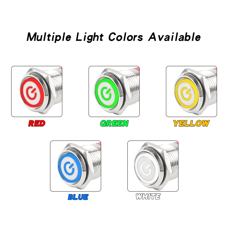 Short 10A High Current Metal Push Button Switch 16/19/22mm Flat Head IP65 Waterproof Illuminated Latching Momentary Power
