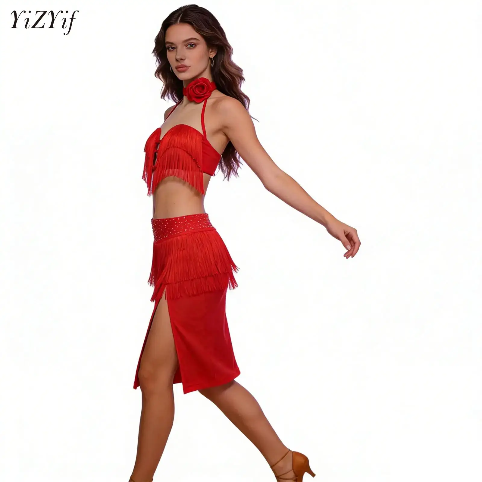 

Latin Dance Outfit Women Female Professional Training Dress 3D Flower Adults Ballroom Dance Irregular Fringe Group Costume