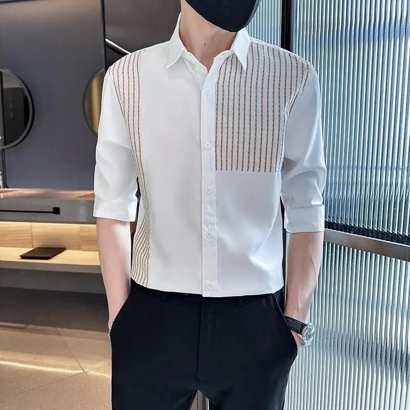 2024 Spring and Autumn Korean Edition Trendy Polo Collar Stripe Block Color Light Mature Style Design Sense Three Quarter Shirt