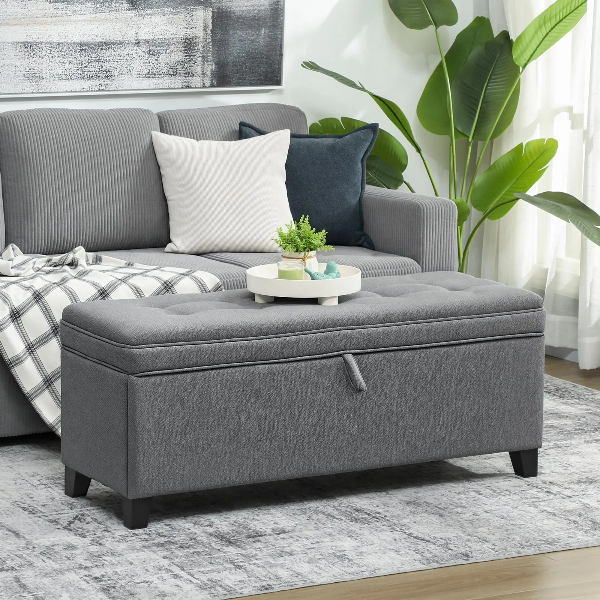 Banc de rangement 120x40x48 cm 112 L gris foncé, banc à chaussures rembourré avec Velcro aspect lin