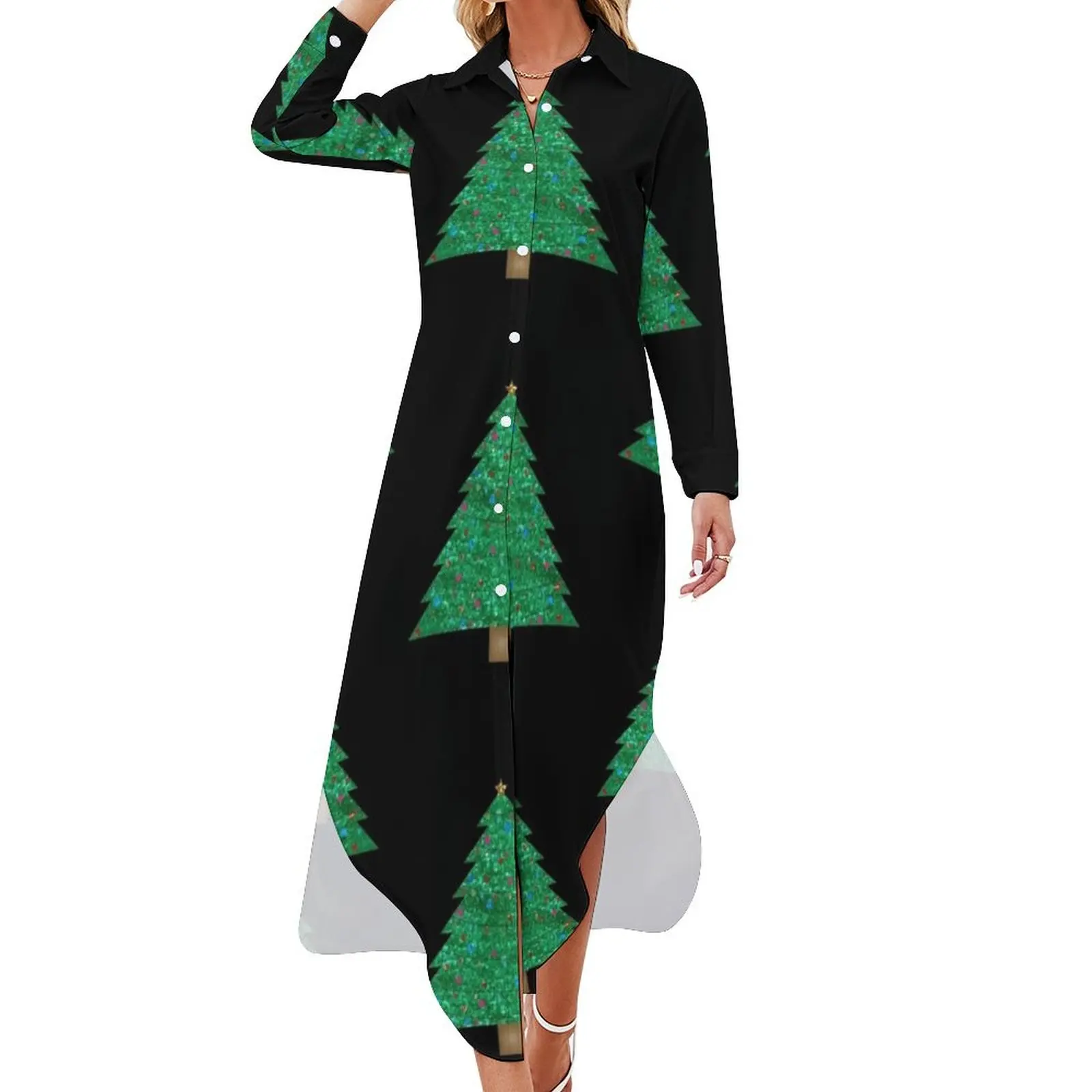 

sequin print christmas tree Long Sleeved Shirt Dress elegant dresses for women women's fashion dresses long sleeve dress