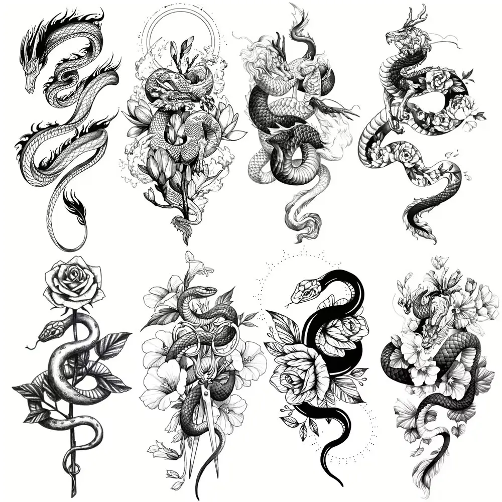 Wasserdicht Temporäre Tätowierung Aufkleber Drachen Schlange Rose Blume Dunklen Stil Totem Sexy Körper Kunst Arm Gefälschte Tattoos Hülse Frauen Männer