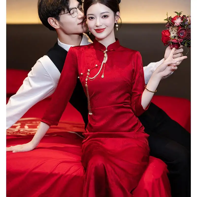 

Red Wine Color Qipao Wedding Dr Young Sle Engagement Ceremony Dr New Chinese Sle Long Sve Evening Gown