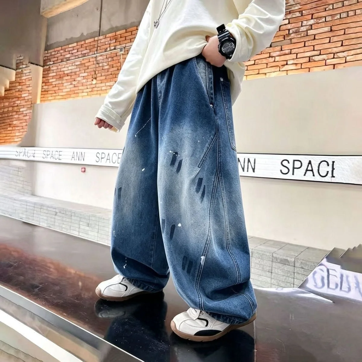 2026 Boys Graffiti Curved Harem Jeans Spring Autumn Super Soft Casual Trousers Cool Loose Fashion Pants for Teen Kids 3‑14 Y
