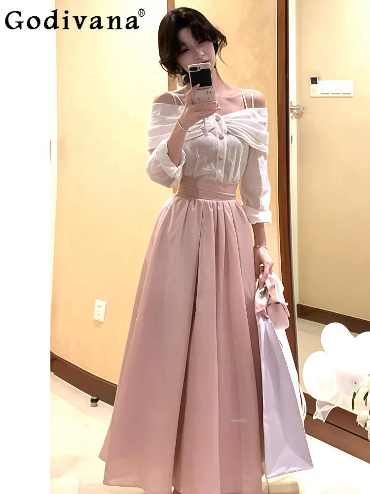 

Large Size Korean Sweet Heavy Industry Embroidery Slash Neck Dress Women Spring Autumn High Waist A-line Pink Princess Dresses