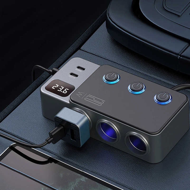 

120W 3In1 USB Car Charger PD Fast Charging Adapter Cigarette Lighter Plug Splitter USB Charging Socket With LED Voltage Display