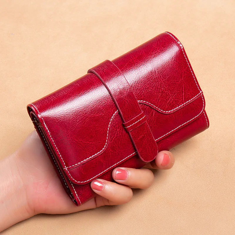 ​Vintage Ladies' Tri-Fold Snap Wallet - Oil-Waxed Genuine Leather, Retro Compact Coin Purse with Multi-Card Pockets​