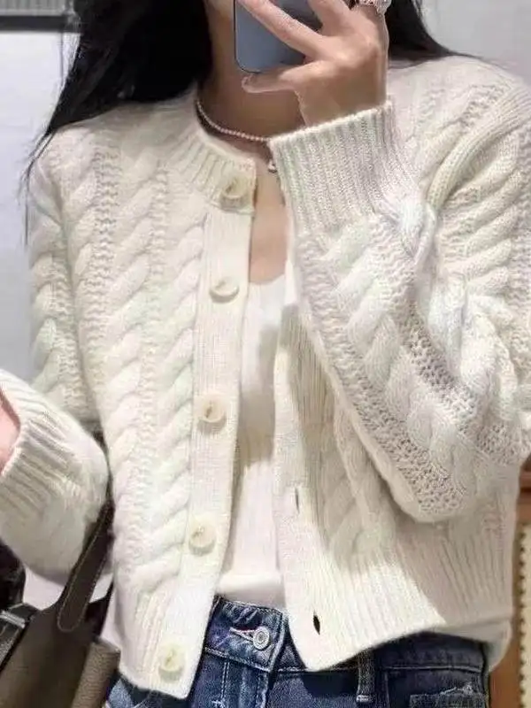 Women's Short Knitted Open Cardigan High Waist Long Sleeve Warm Vintage Twist Autumn Winter Fashionable Versatile Outerwear