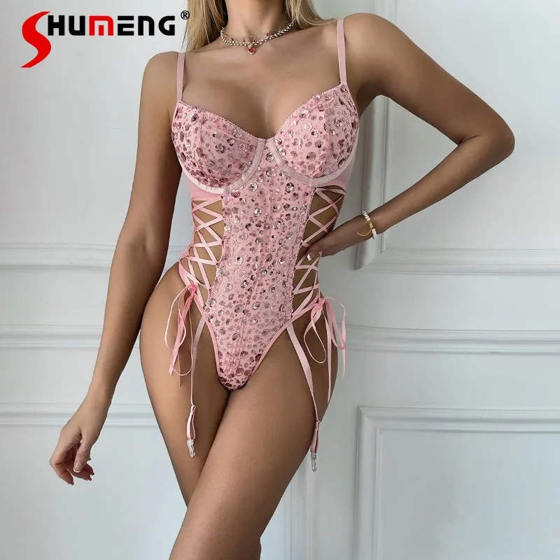

Sexy Style Pure Desire Hollow One-piece Underwear Women's Lace Up Slim Fit One-piece Lingerie Female Bandage Pink Intimates