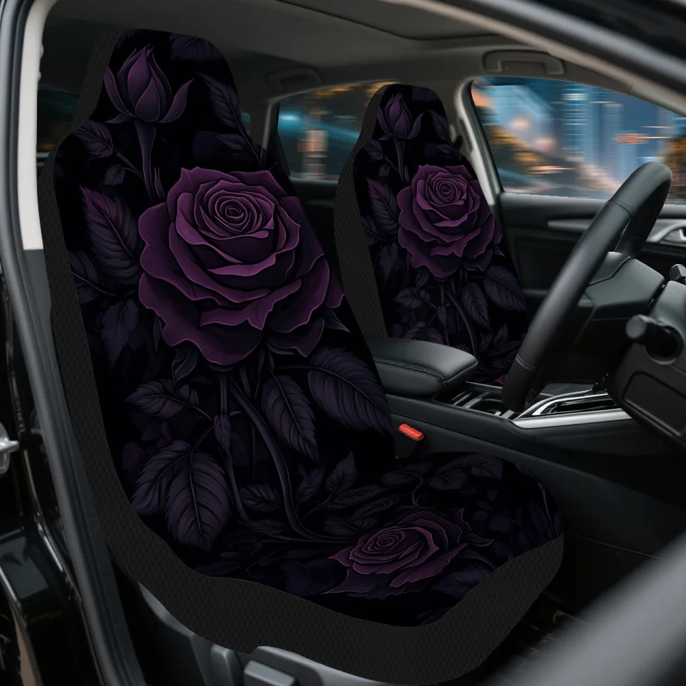 Set Of 2 Dark Purple Rose-Patterned Covers For Vehicles, Designed To Fit Most Front Seats, Made From Sturdy Material Suitable Fo