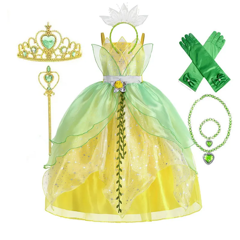 Disfraz clásico de Tiana de cuento de hadas para niñas, vestido de fiesta verde de princesa elegante, vestido de baile de Navidad, Vestidos de princesa y rana