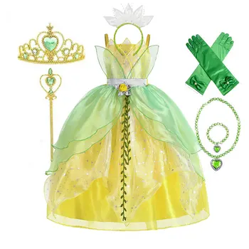 Clássico meninas conto de fadas tiana cosplay traje elegante princesa verde vestido de festa de natal vestido de baile princesa e sapo vestidos