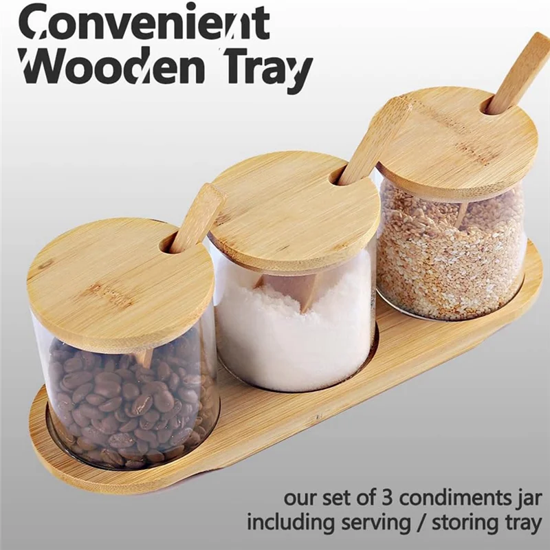 ABBO-Bamboo Condiment Container With Lid And Spoon-Condiment Box Set, Used To Store Condiments, Salt And Sugar.