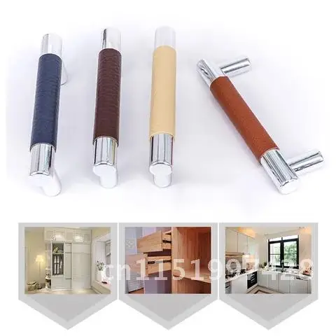 Contemporary Genuine Leather+Brass Pull Handles Cabinet Drawer Knobs Cupboard Kitchen Door Handle Wardrobe Furniture Fittings