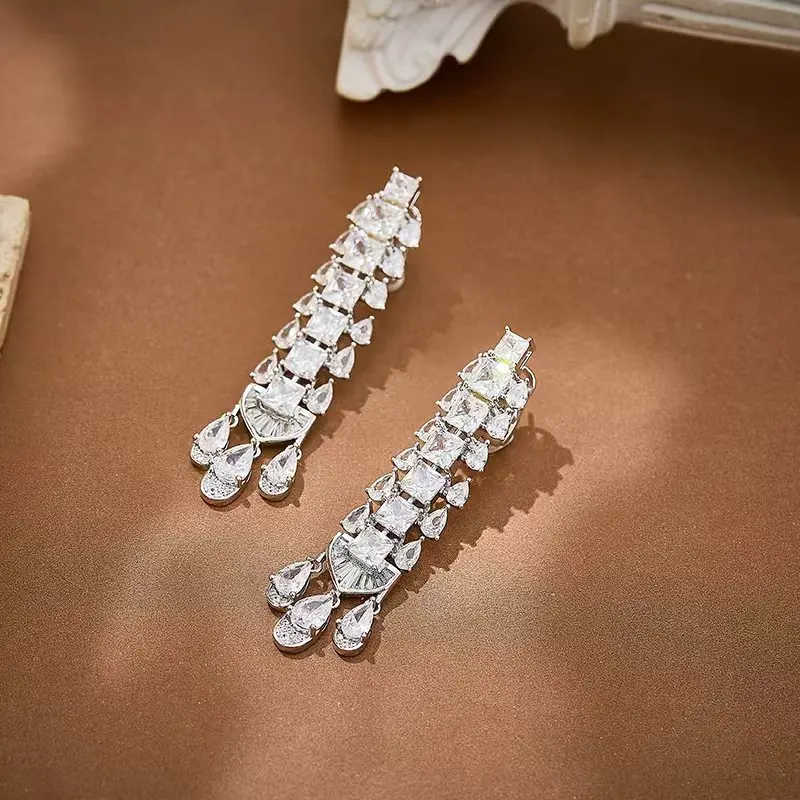 Designer Collection Style Stud Earrings Necklace Women Lady Inlay Green Cubic Zircon Tassels Dinner Party Jewelry Sets