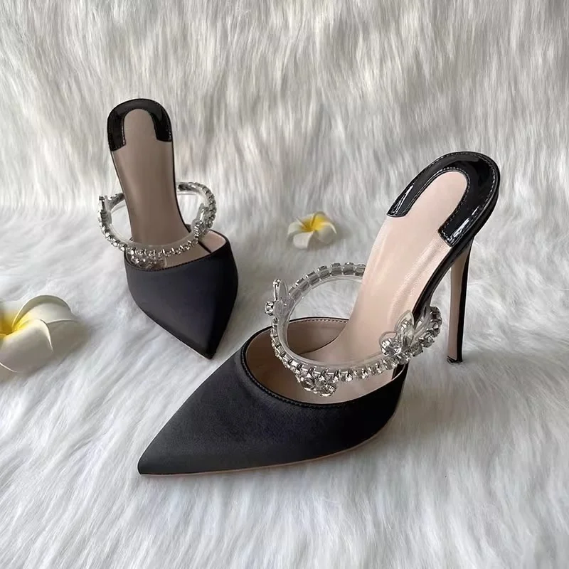 

2025 Summer Women's Wrap Toe Slippers Pointed Toe Stilettos Rhinestones Straps Elegant Sexy Wedding Banquet Lady Large Size Shoe