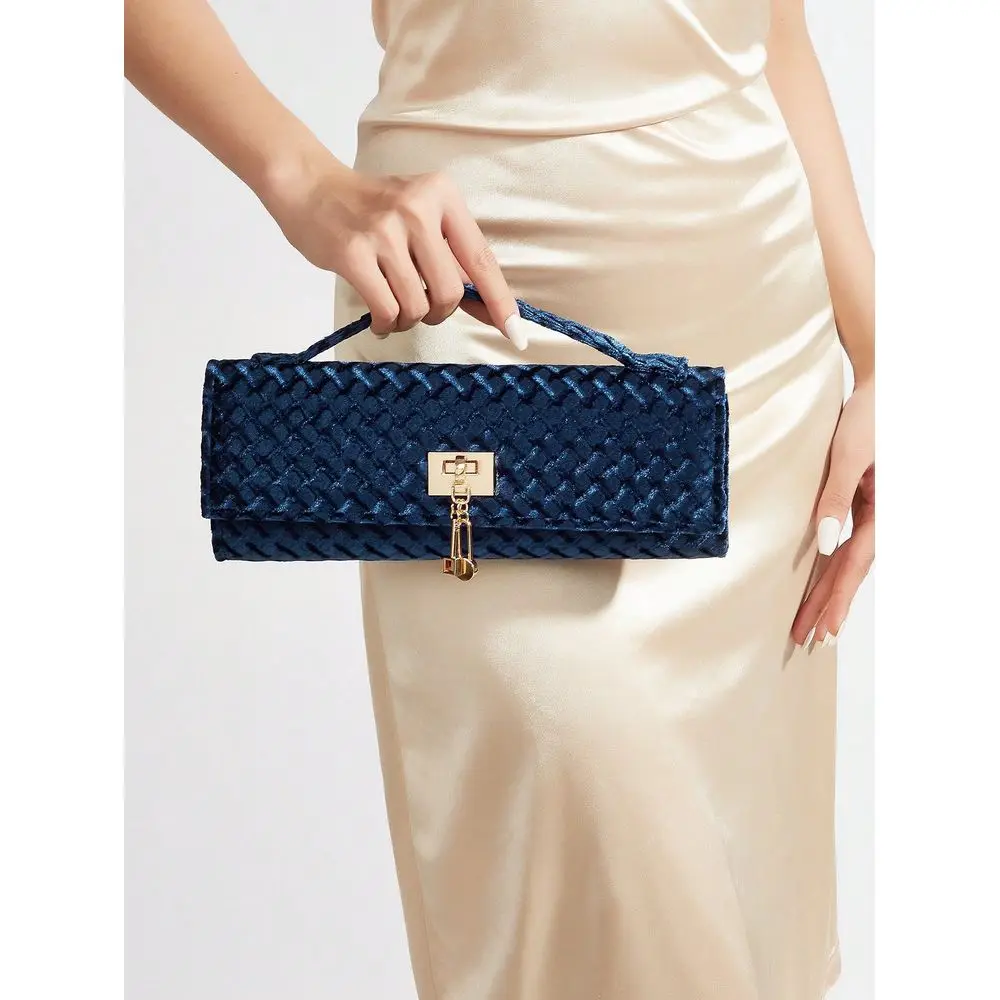 

Elegant Blue Corduroy Handbag, Luxurious New Plush Party Clutch Bag For Women, Shiny Square Body With Metal Lock Clasp, Suitabl