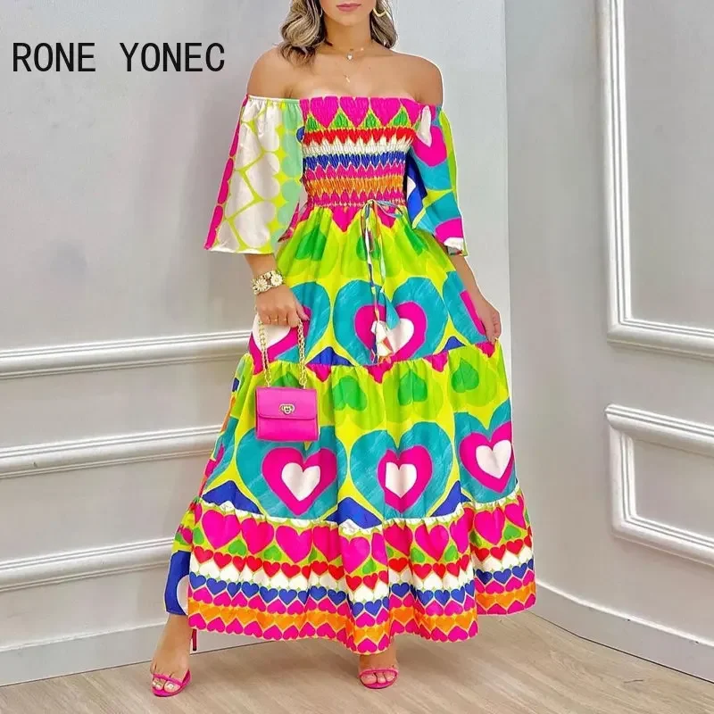 Women Dress 2023 Valentine's Day Heart Print Off Shoulder Maxi Dress Vacation Dresses