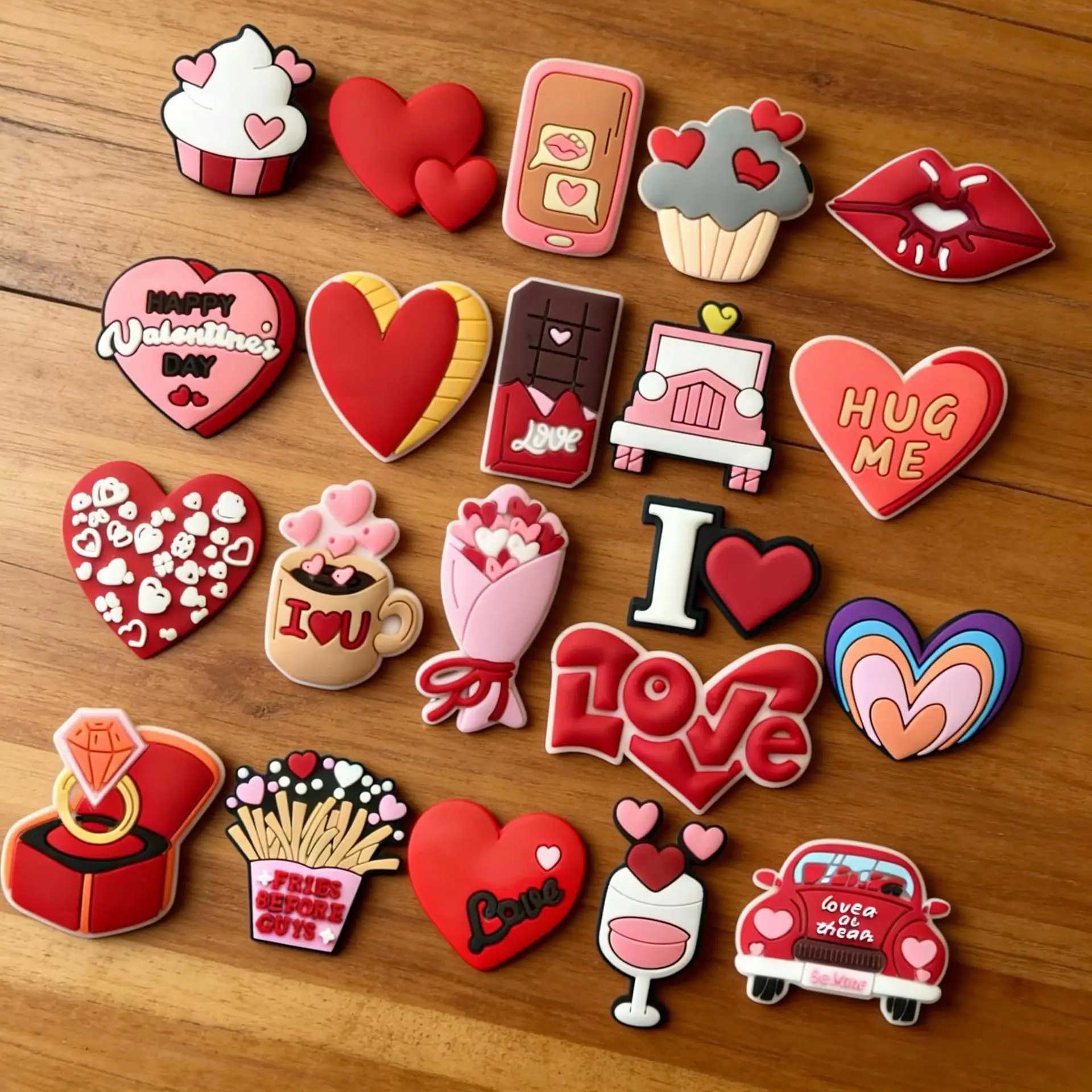 

21pcs Personalized Decor Cartoon Valentine Day theme DIY accessories PVC Praise Shoe charmas clow for clogs Slides Gift Idea