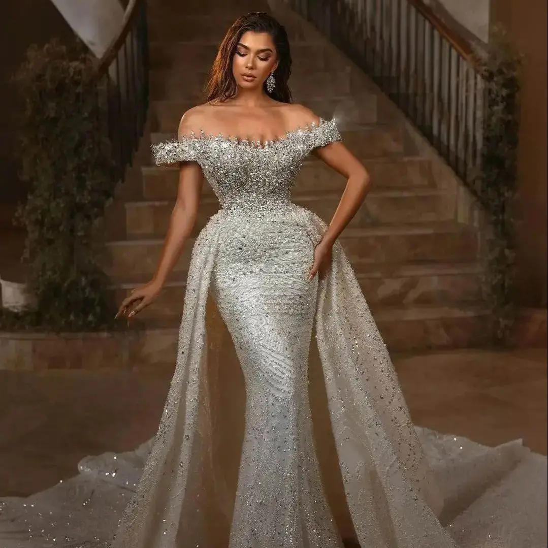 Elegant Mermaid Wedding Dresses Rhinestones Beading Lace Off Shoulder Bridal Gown Chapel Train Vestido De Noiva Customized