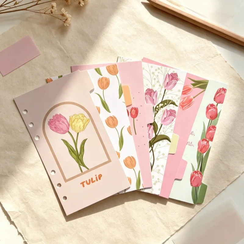 A6 6-Hole Tulip Floral Divider Pages Loose-Leaf Notebook Index Dividers Planner Classification Pages Set of 6 Sheets