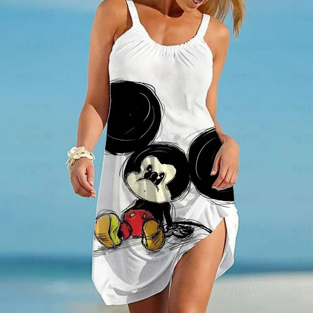 Disney Mickey e Minnie Mouse feminino, vestido boho solto, vestido elegante para praia estilingue, blusa sexy, 2022