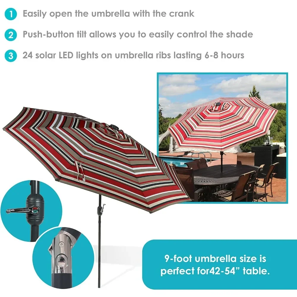 Sunnydaze. cFurniture-Parapluie d'extérieur de 9 pieds, avec lumières solaires, inclinaison/manivelle, LED, auvent à rayures