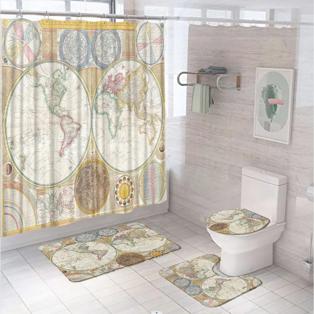 

Vintage World Map Shower Curtains Set Nautical Starfish Compass Anchor Bathroom Screen Non-Slip Carpet Rug Toilet Cover Bath Mat