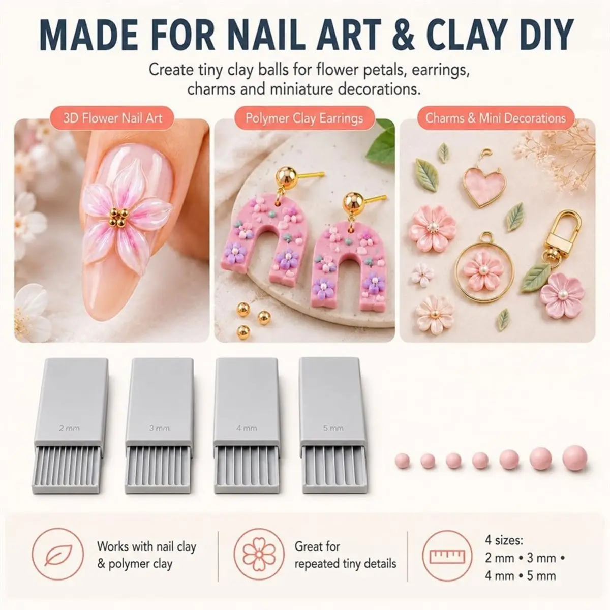 3D Print Clay Gel Ball Maker Tool, Grey Clay Roller for Beads & Nails Art, 4 Size Grooves for Uniform Polymer Clay Craft