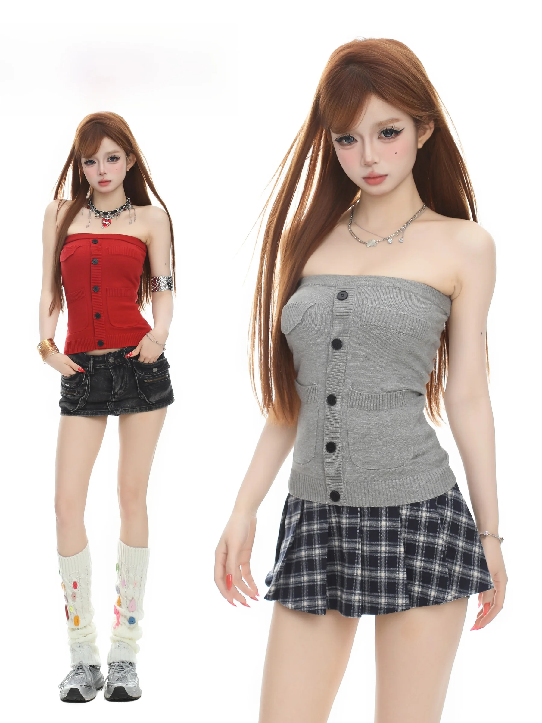 BASTERDS Pure Desire Spicy Girl Button Knitted Tube Top Vest Women Summer Slimming Short Shoulder Baring Top H-Shape Backless