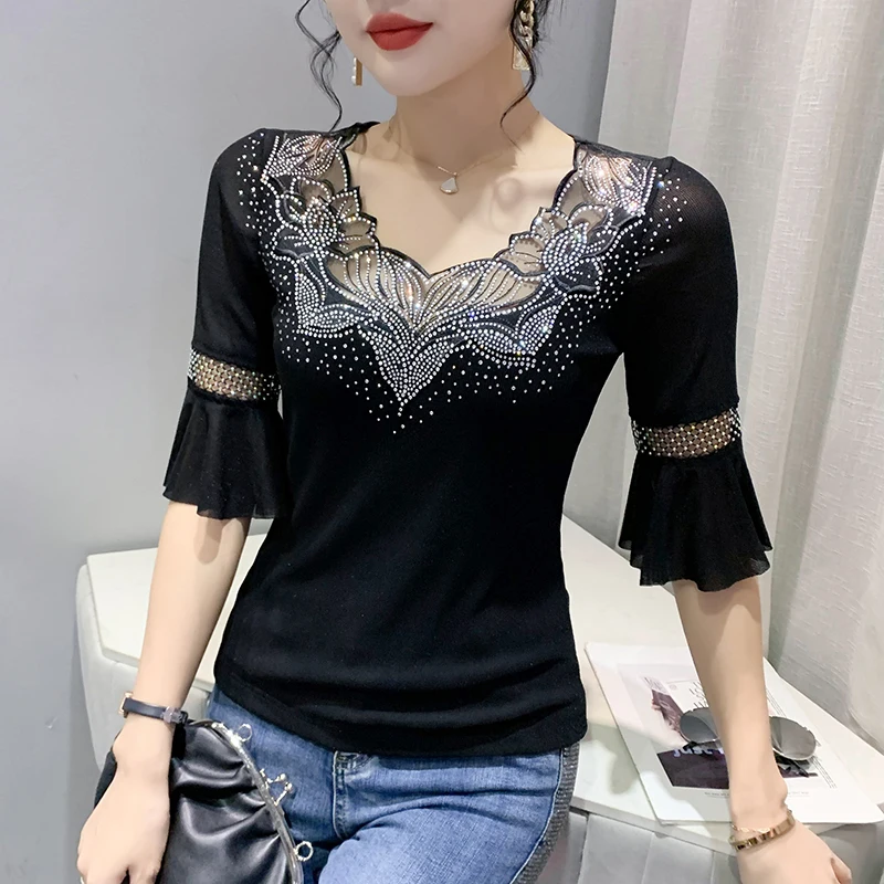 Patched Beading V-Neck Half Sleeve T-Shirt High Stretchy Mesh Summer Top Girl Chic Stylish Elegant Dancing Tshirts for Women