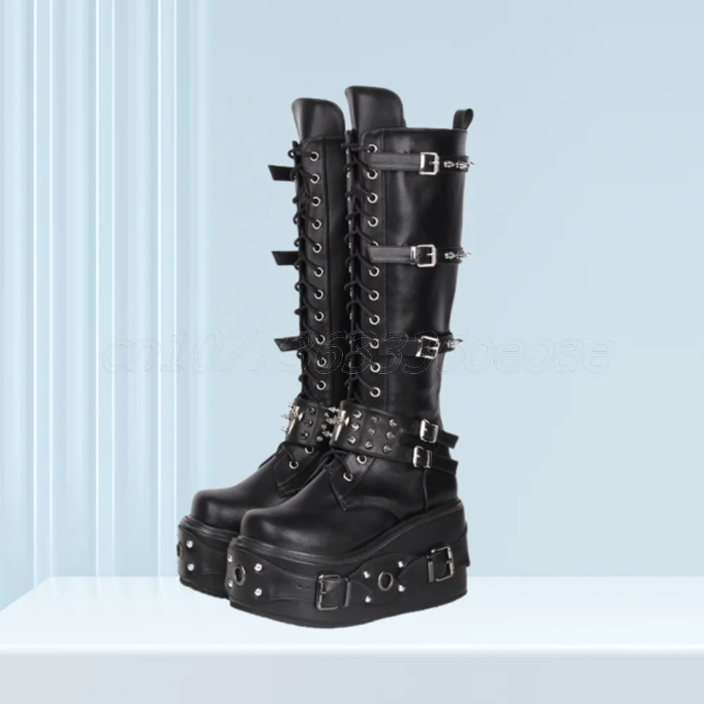 

Muffin Bottom Buckle Belts Biker Boots Matte Leather Rivet Shoes for Women Cross Tied Knee Punk Shoes 2025 Zapatos Para Mujere