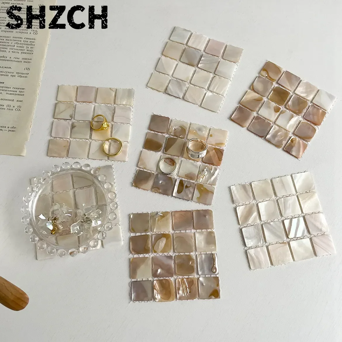 Natural Conch Shell Square Coasters, Mosaic Insulated Coasters, Photography Props Handmade Room Decoration Ornament