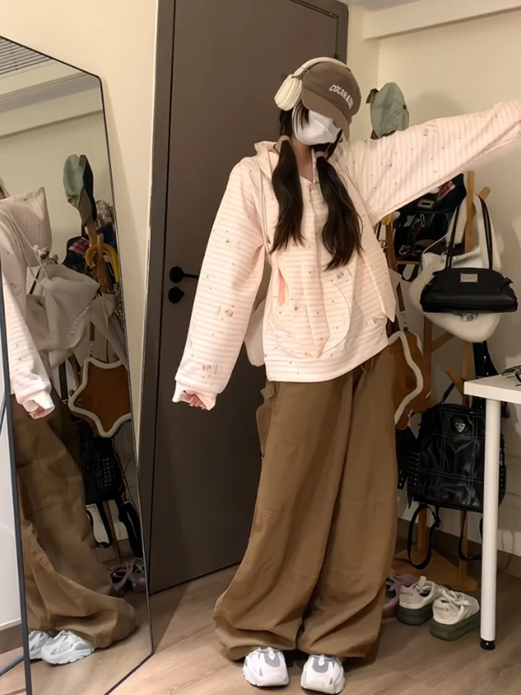 Amerikaanse Sle schattige kleine hond roze gestreepte hoodie dames lente herfst losse bijpassende bovenkleding casual comfortabel sweatshirt