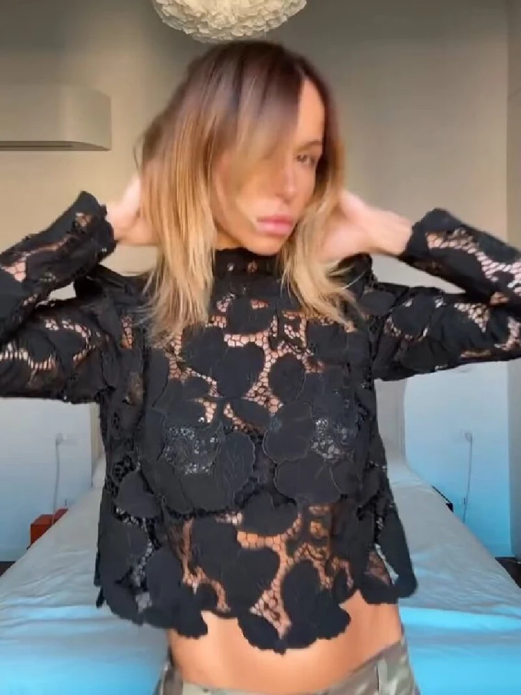 Chic Y2k Floral Lace Tops Sexy High Neck Sheer Cropped Vintage Fashion Tops Women Night Out Party Romantic Date Streetwear