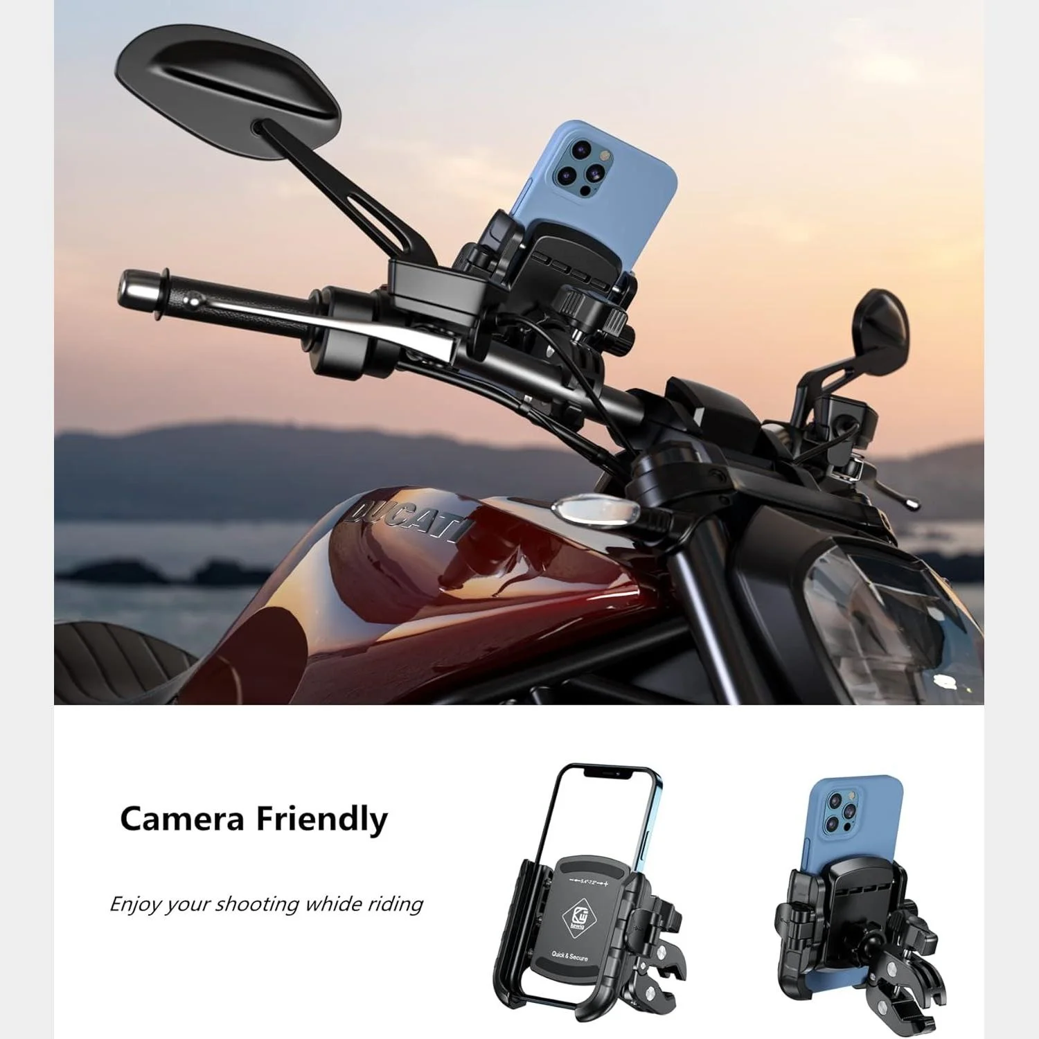 Wide Compatible Motorcycle Phone Mount, Easy Install Handlebar Clip, 360 Rotatable Camera Friendly Secure Bike Phone Holder