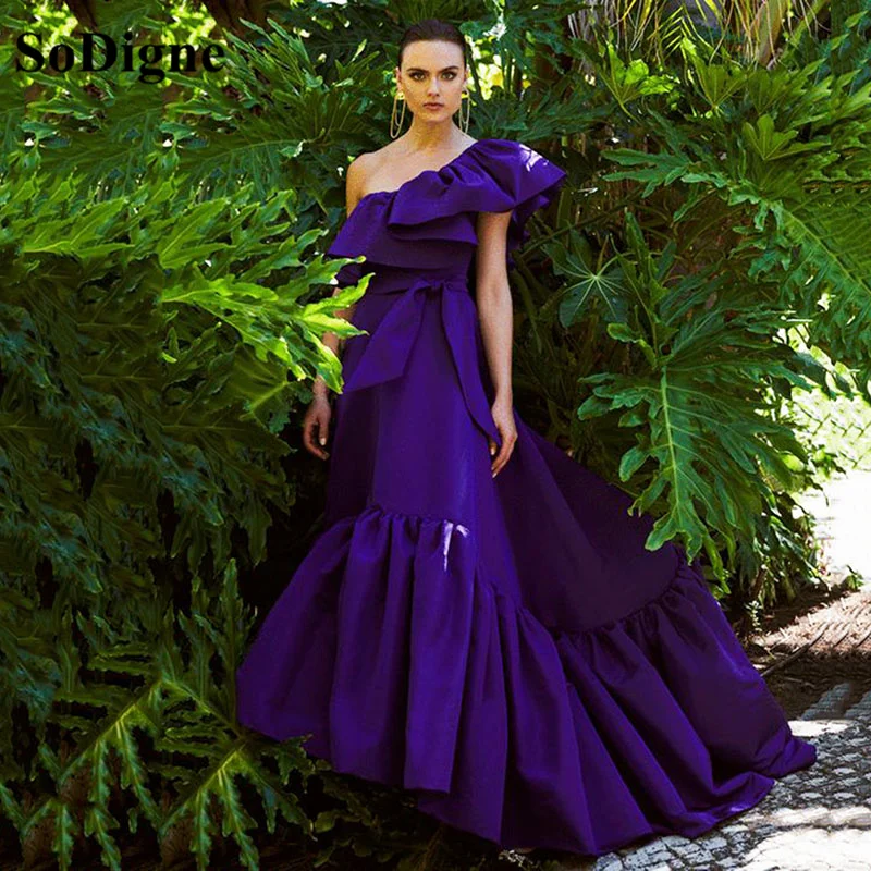 

SoDigne Elegant Purple Evening Dresses 2023 Tiered Satin One Shoulder Celebrity Formal Dress Pleats Arabic Dubai Satin Prom Gown